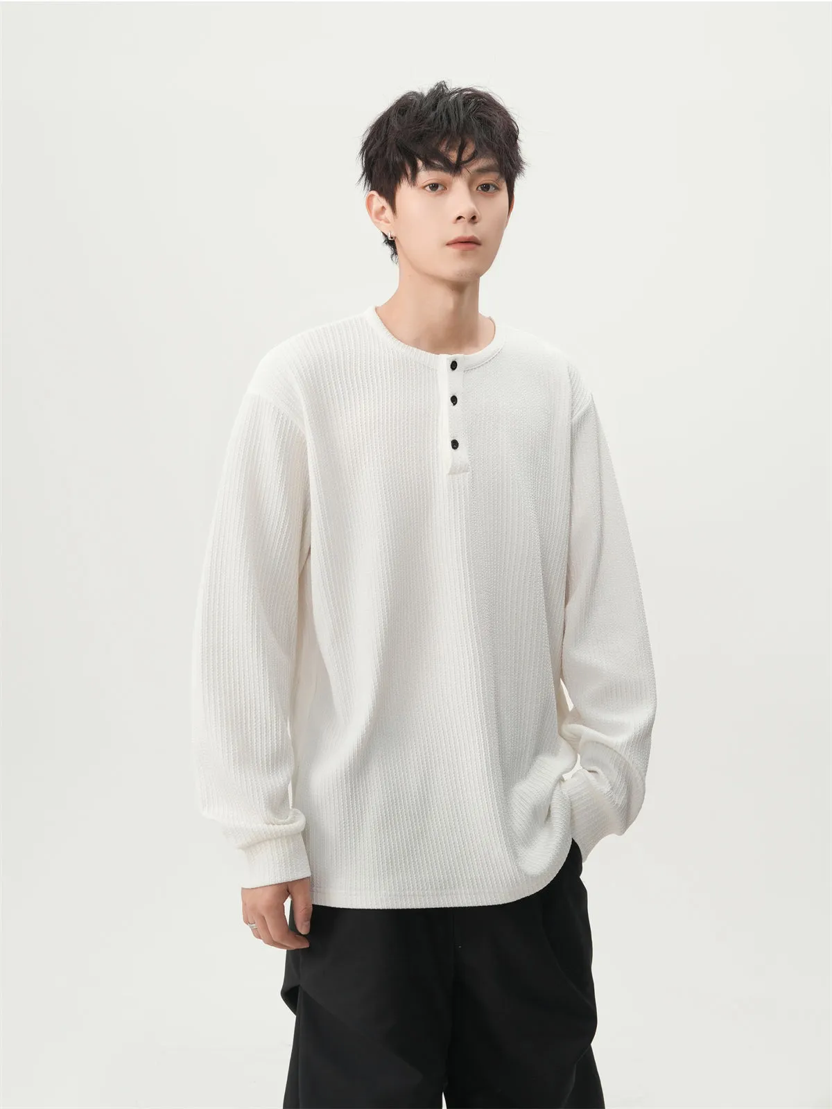 Waffle Pattern Half Button Long Sleeve Shirt sold by Night City Clothing product image thumbnail 5