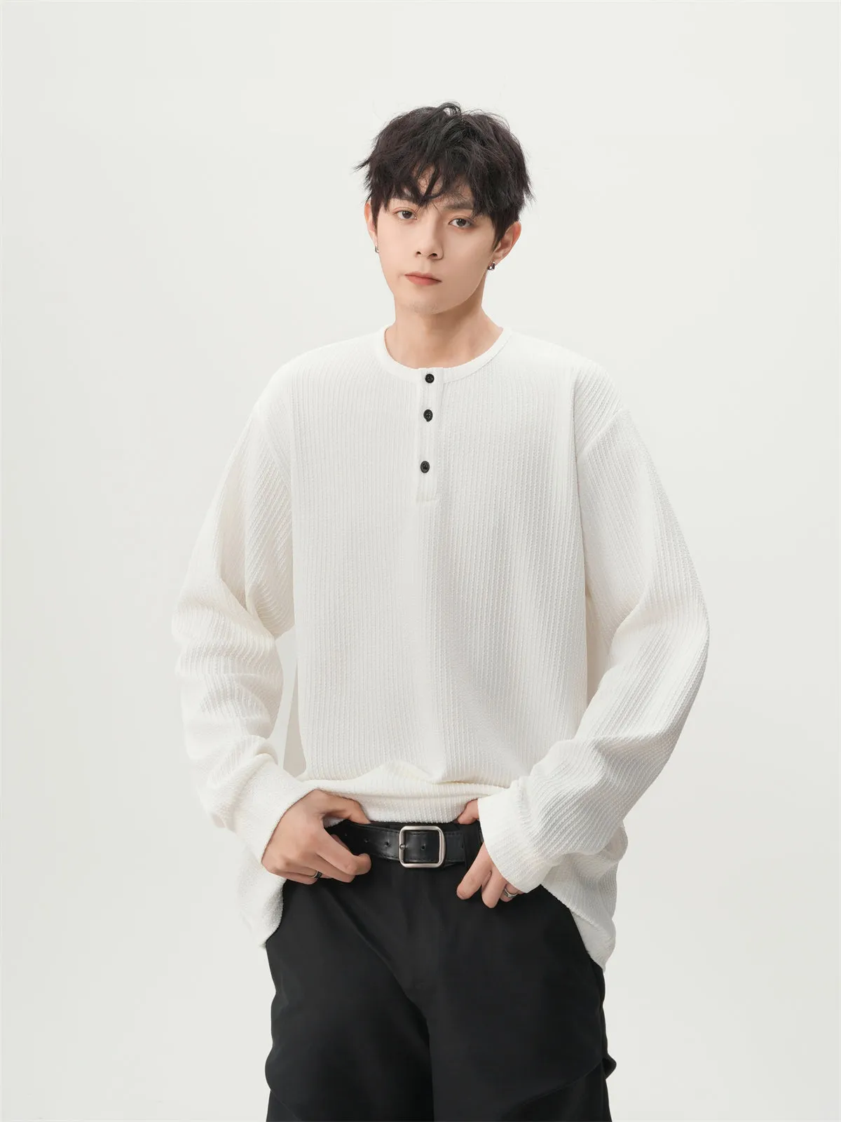 Waffle Pattern Half Button Long Sleeve Shirt sold by Night City Clothing