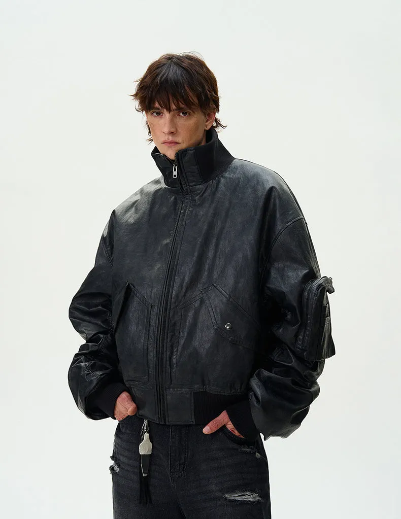 Oversized Faux Leather Mid Crop Bomber Jacket with Sleeve Zip Pocket sold by Night City Clothing product image thumbnail 3