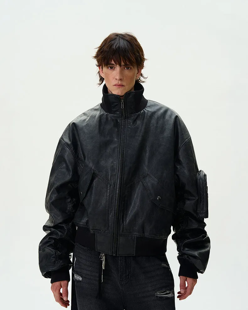 Oversized Faux Leather Mid Crop Bomber Jacket with Sleeve Zip Pocket sold by Night City Clothing