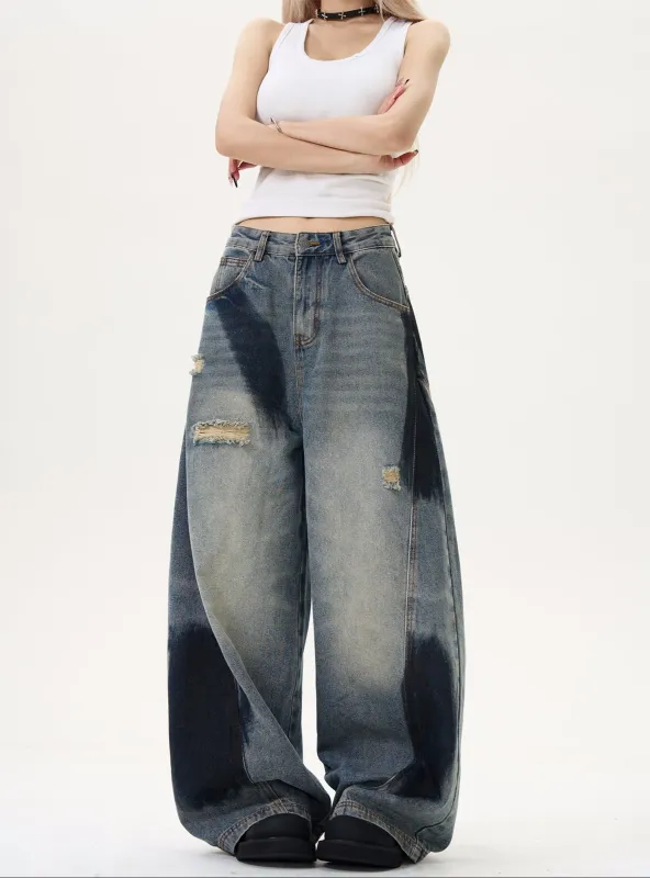 Wide Leg Distressed Denim Pants with Bleach Wash Details sold by Night City Clothing
