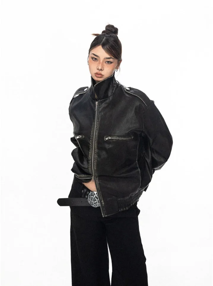 Vintage Faux Leather Stitch-Detail Jacket with Front Zip Pockets sold by Night City Clothing product image thumbnail 4