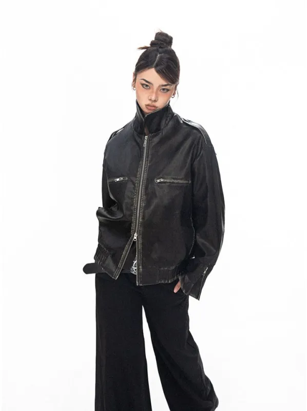 Vintage Faux Leather Stitch-Detail Jacket with Front Zip Pockets sold by Night City Clothing