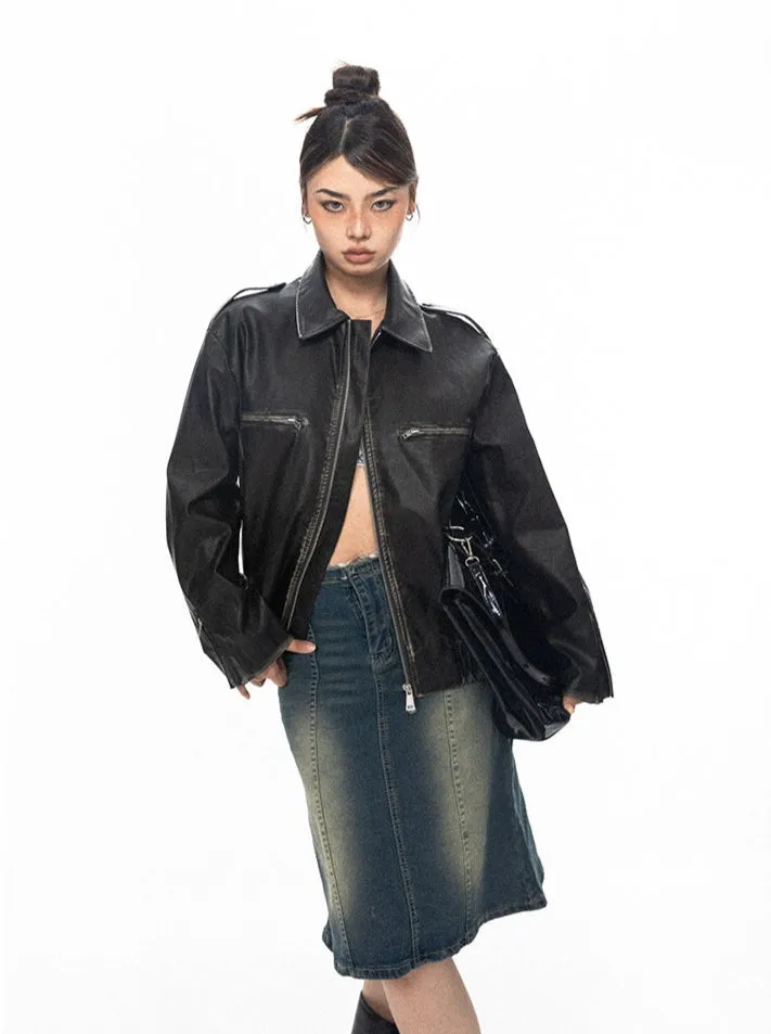Vintage Faux Leather Stitch-Detail Jacket with Front Zip Pockets sold by Night City Clothing product image thumbnail 5