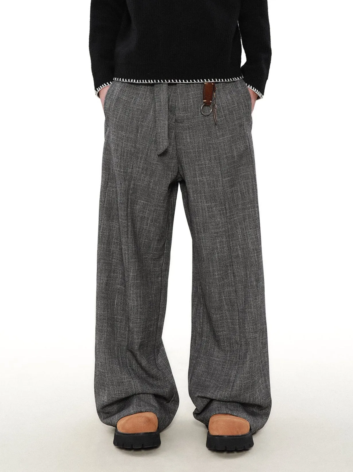 Wide Leg Textured Trousers with Strap Belt sold by Night City Clothing