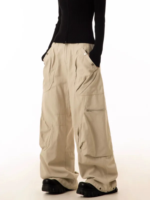 Wide-Leg Cargo Pants with Oversized Pleated Pockets and Zipper Details sold by Night City Clothing