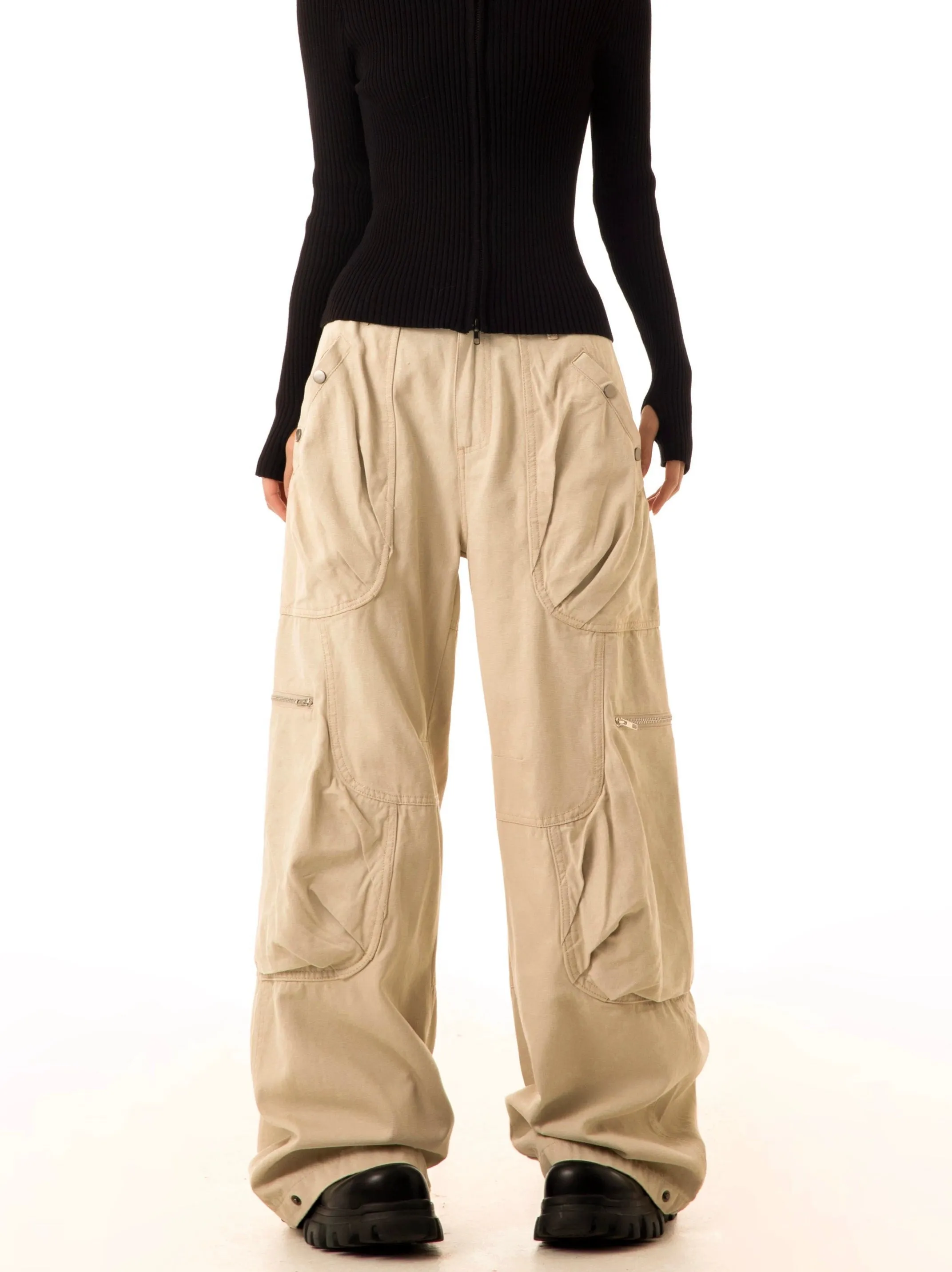Wide-Leg Cargo Pants with Oversized Pleated Pockets and Zipper Details sold by Night City Clothing product image thumbnail 3