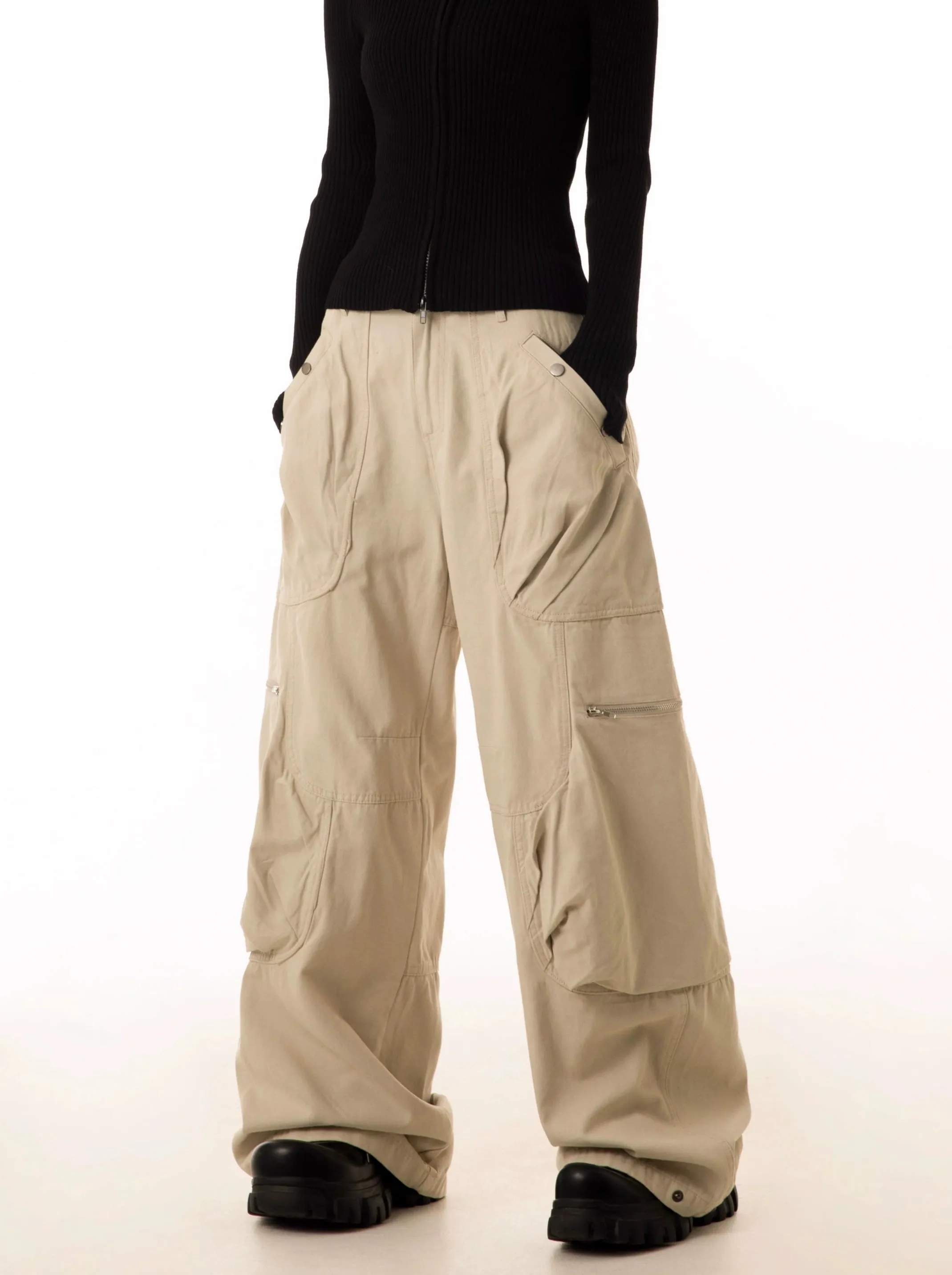 Wide-Leg Cargo Pants with Oversized Pleated Pockets and Zipper Details sold by Night City Clothing product image thumbnail 2