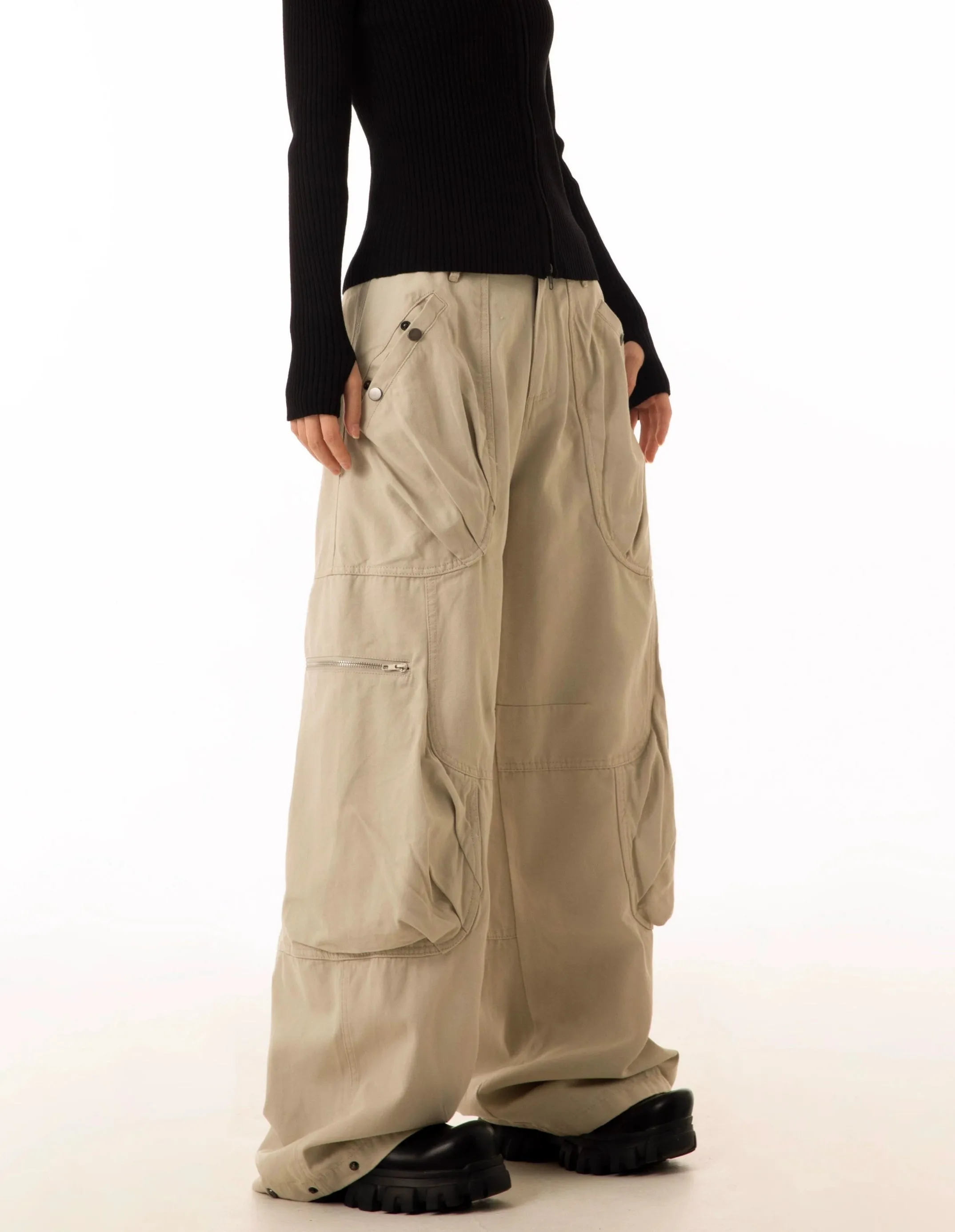Wide-Leg Cargo Pants with Oversized Pleated Pockets and Zipper Details sold by Night City Clothing product image thumbnail 4