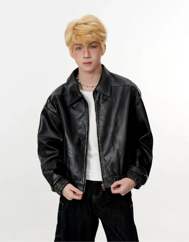 Mid Crop Faux Leather Zip Jacket with Elastic Hem and Cuffs sold by Night City Clothing