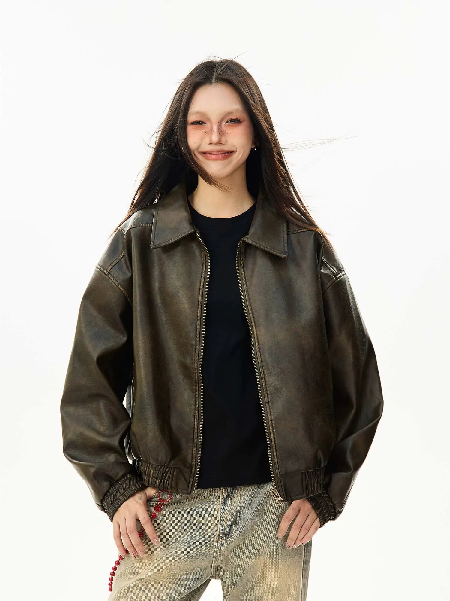 Faux Leather Bomber Jacket with Elastic Cuffs and Hem sold by Night City Clothing