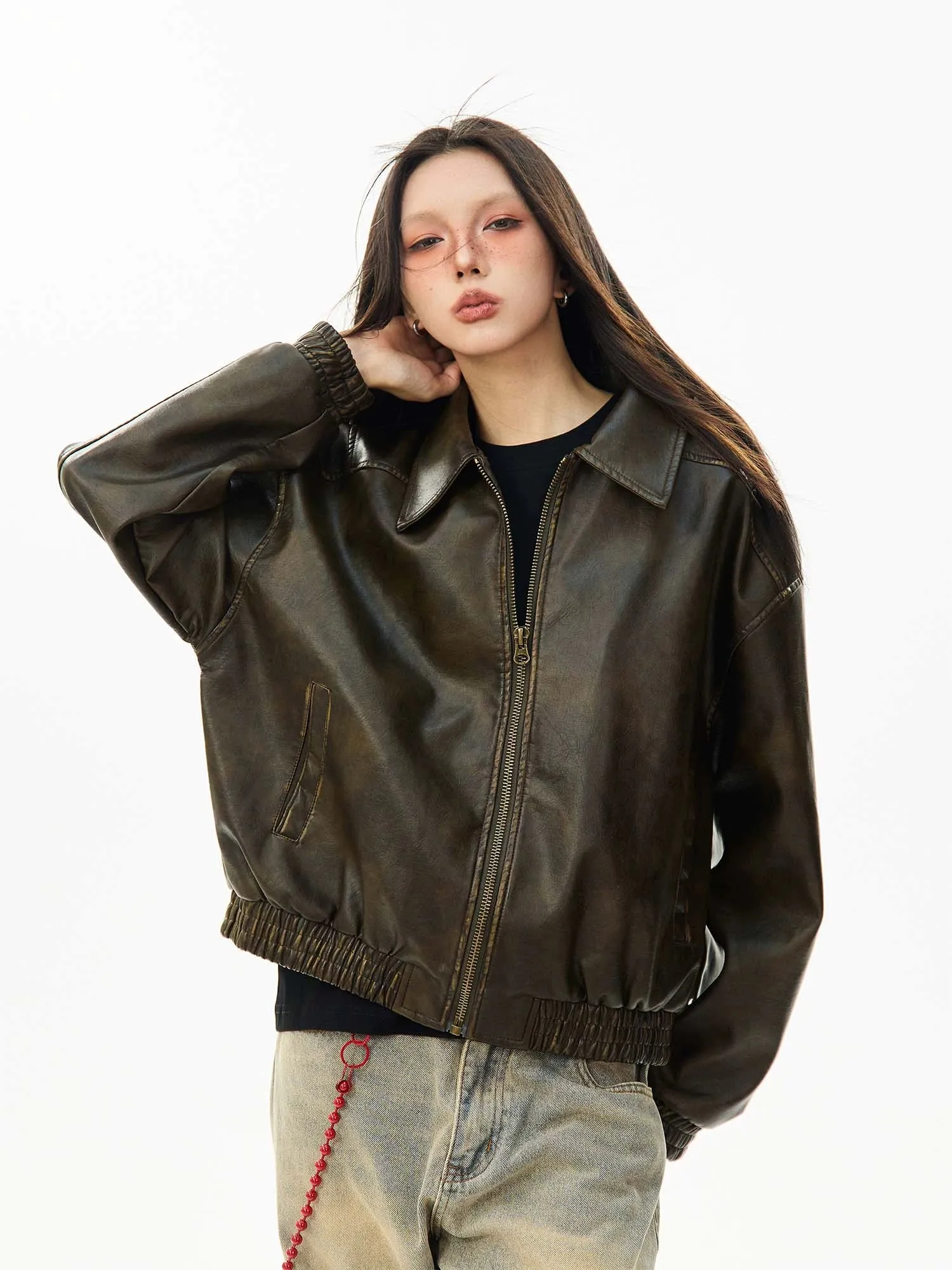 Faux Leather Bomber Jacket with Elastic Cuffs and Hem sold by Night City Clothing product image thumbnail 5