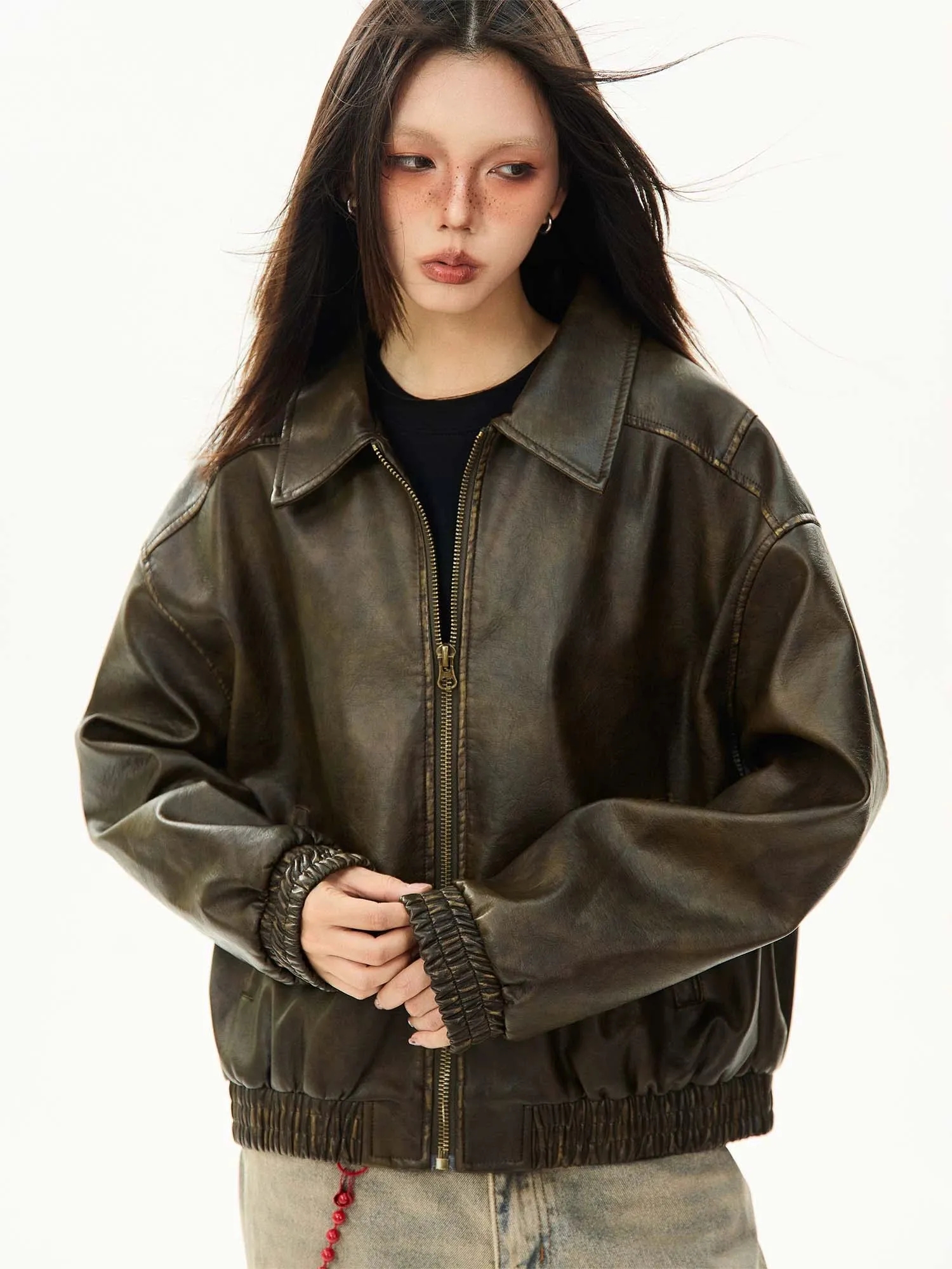 Faux Leather Bomber Jacket with Elastic Cuffs and Hem sold by Night City Clothing product image thumbnail 4