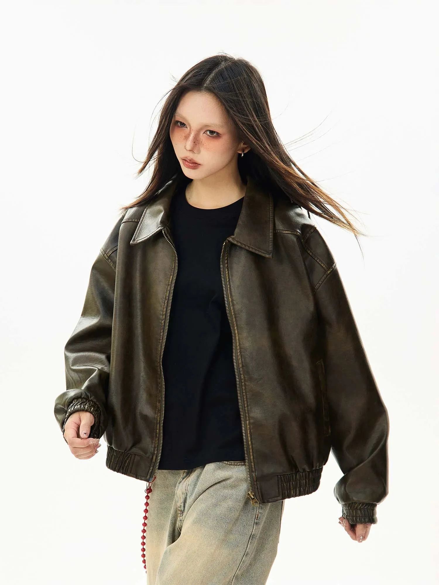Faux Leather Bomber Jacket with Elastic Cuffs and Hem sold by Night City Clothing product image thumbnail 3