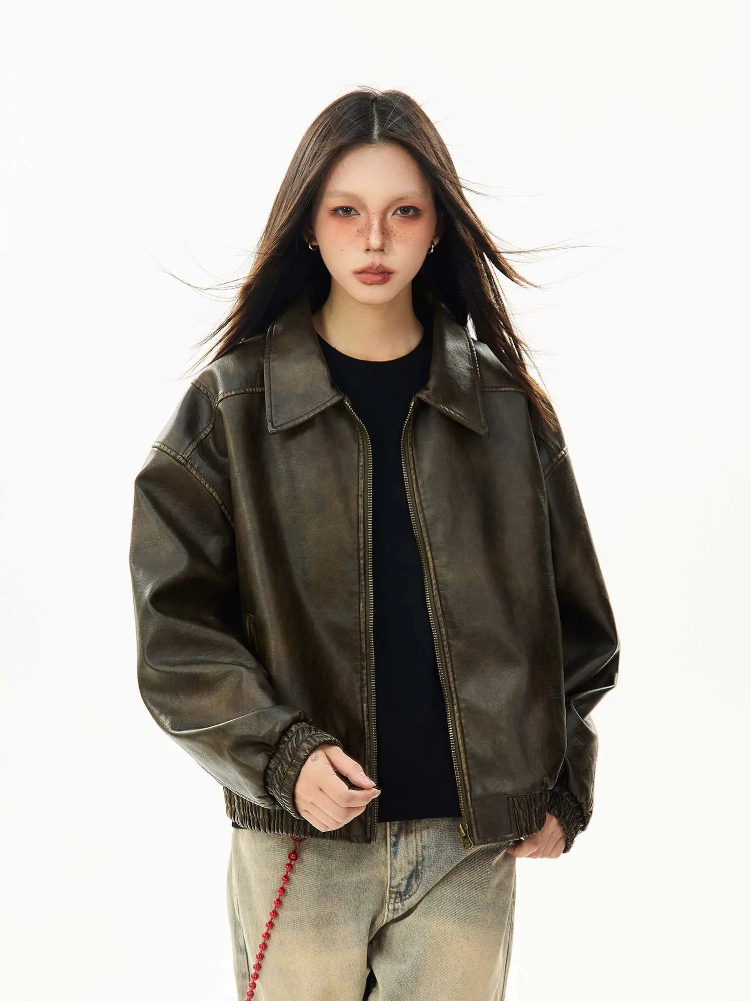 Faux Leather Bomber Jacket with Elastic Cuffs and Hem sold by Night City Clothing product image thumbnail 2