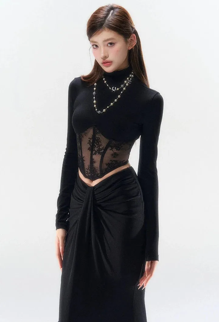 Lace Mesh Mock Neck Corset Long Sleeve Top sold by Night City Clothing