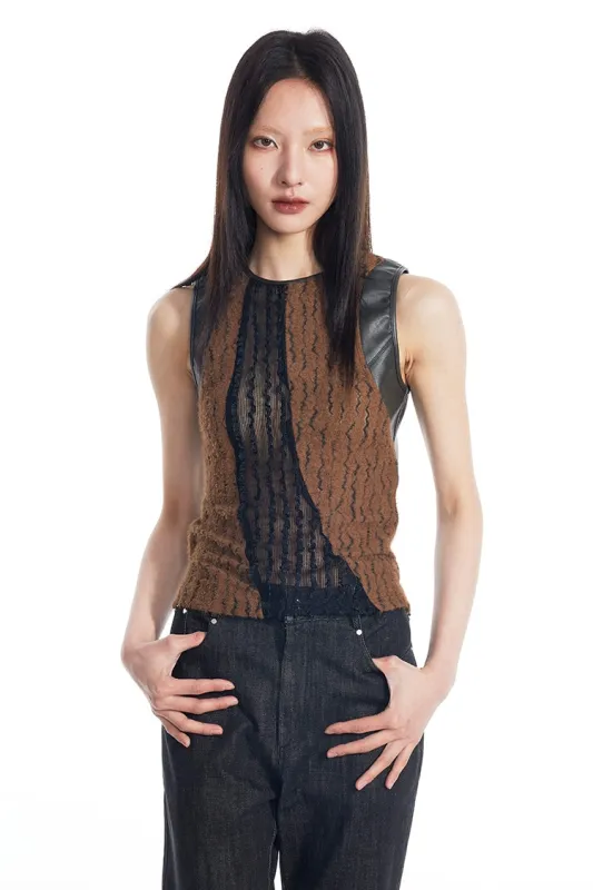 Sheer Lace Leather Patchwork Sleeveless Top sold by Night City Clothing