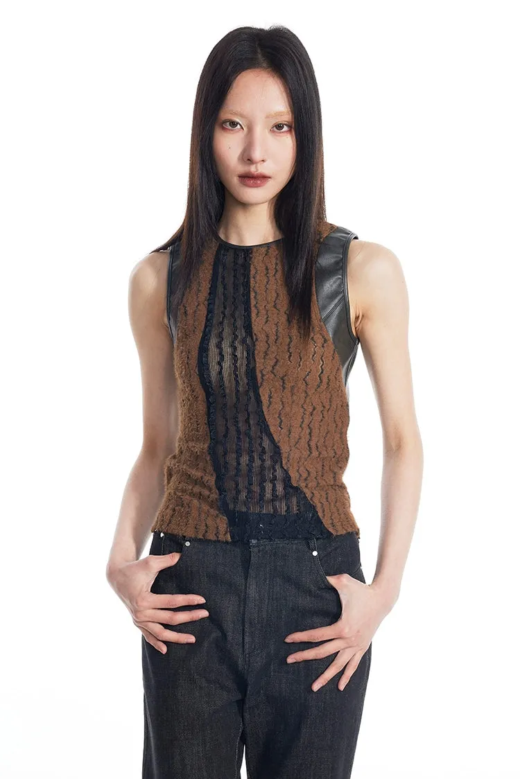 Sheer Lace Leather Patchwork Sleeveless Top sold by Night City Clothing