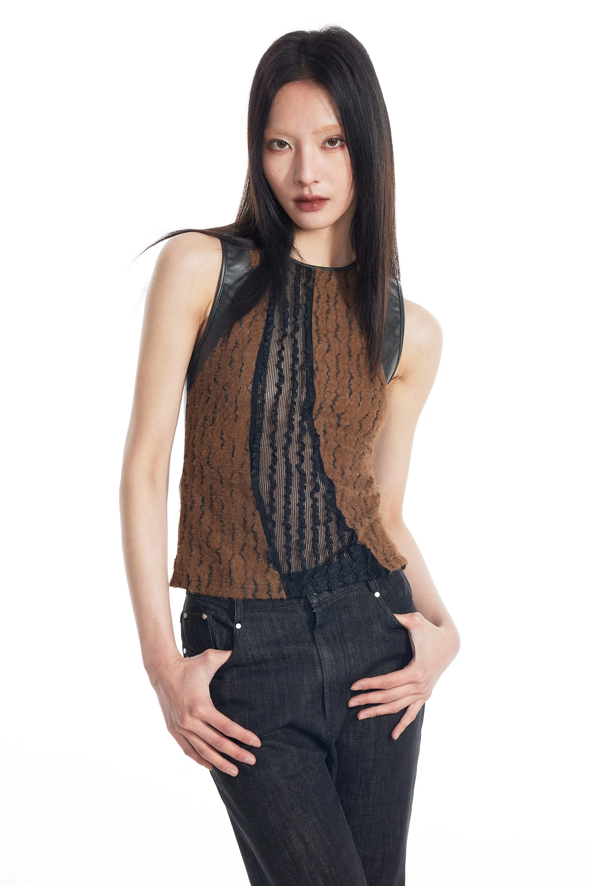 Sheer Lace Leather Patchwork Sleeveless Top sold by Night City Clothing product image thumbnail 3