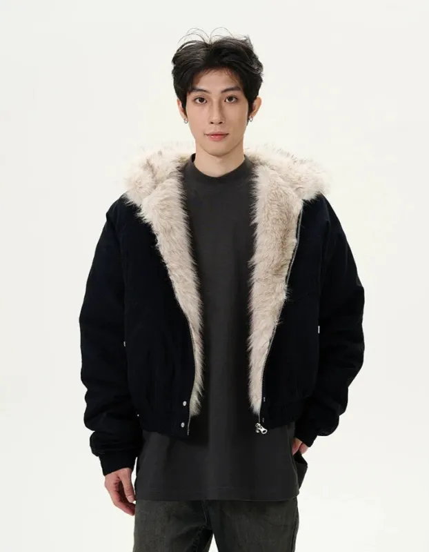 Oversized Faux Fur Collar Hooded Bomber Jacket sold by Night City Clothing