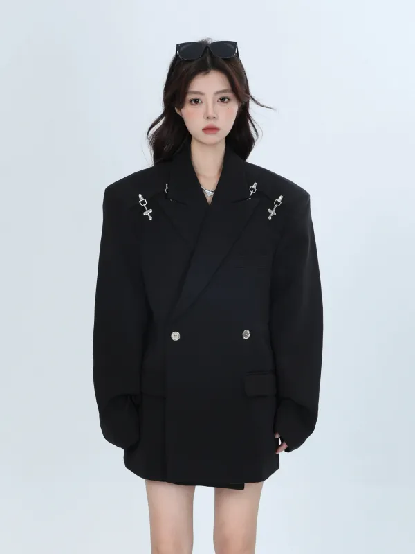 Oversized Blazer with Silver Metal Accents Brooch Details sold by Night City Clothing