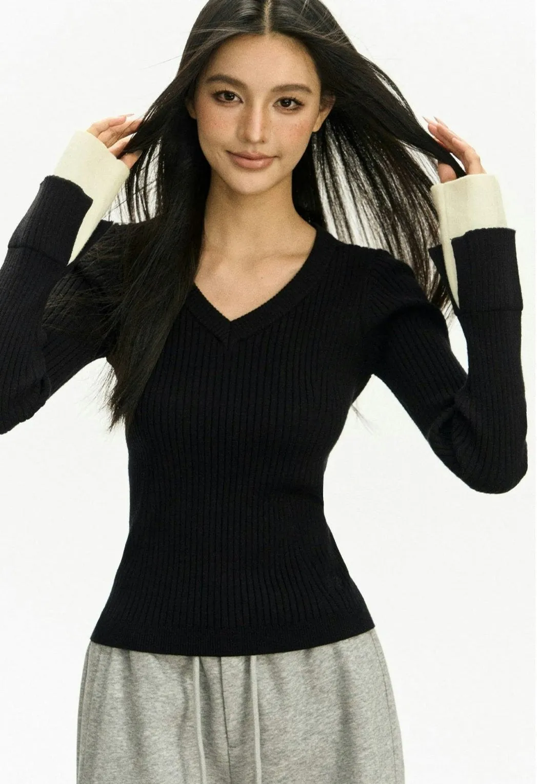 Ribbed V-Neck Two Tone Long Sleeve Knit Top sold by Night City Clothing product image thumbnail 5