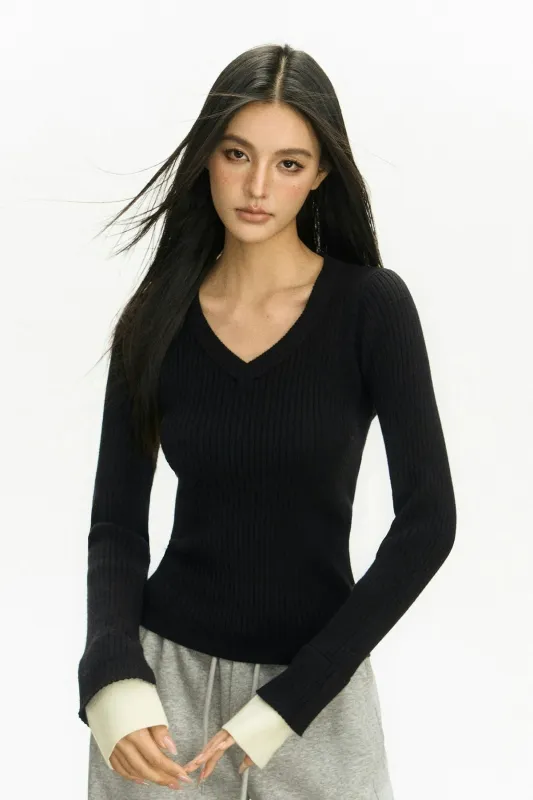 Ribbed V-Neck Two Tone Long Sleeve Knit Top sold by Night City Clothing