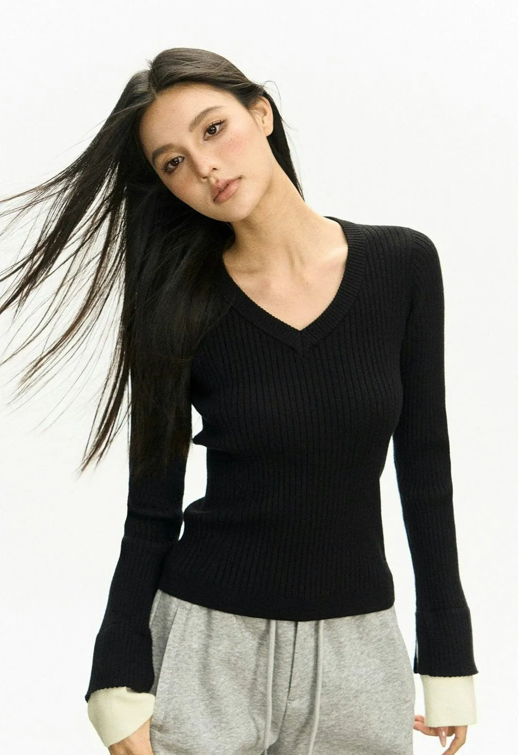 Ribbed V-Neck Two Tone Long Sleeve Knit Top sold by Night City Clothing product image thumbnail 2