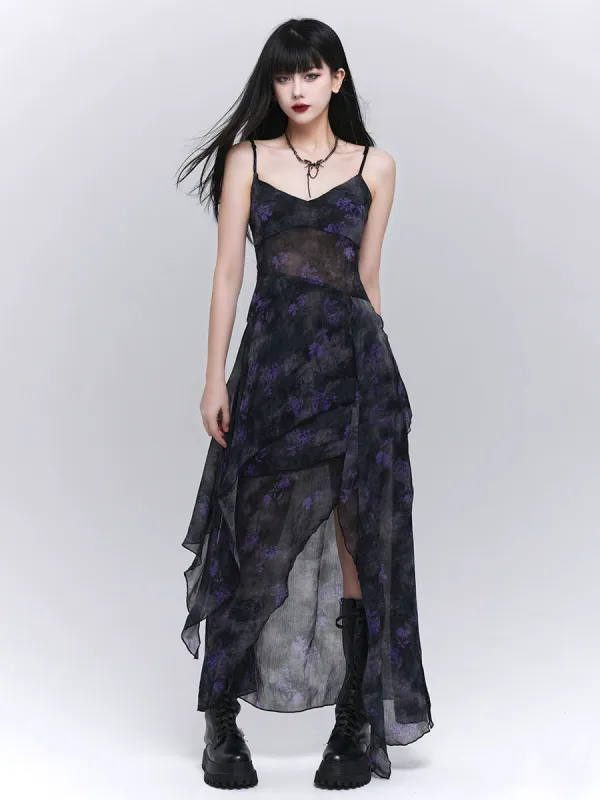 Asymmetric Hem Floral Sheer Overlay Dress sold by Night City Clothing