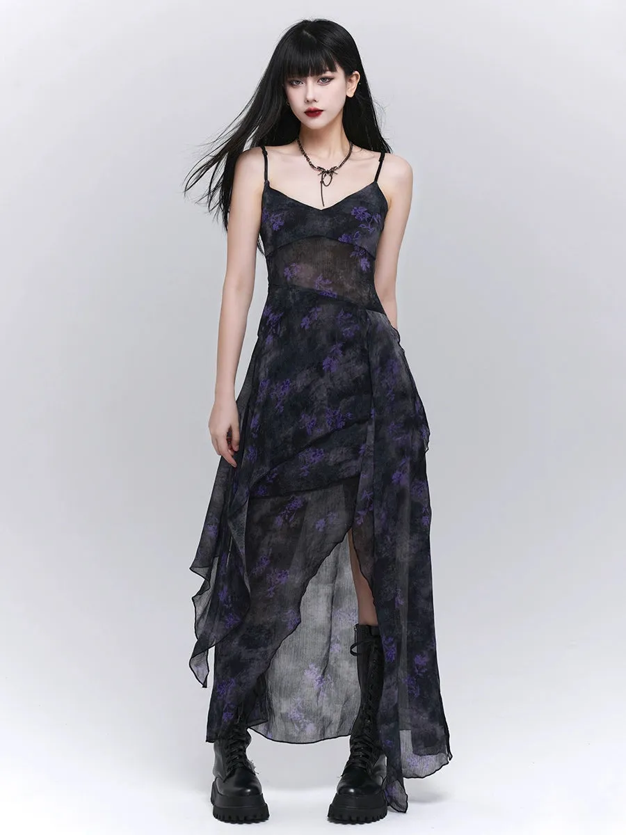 Asymmetric Hem Floral Sheer Overlay Dress sold by Night City Clothing