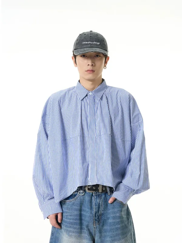 Oversized Striped Drop-Shoulder Cropped Button-Up Shirt sold by Night City Clothing