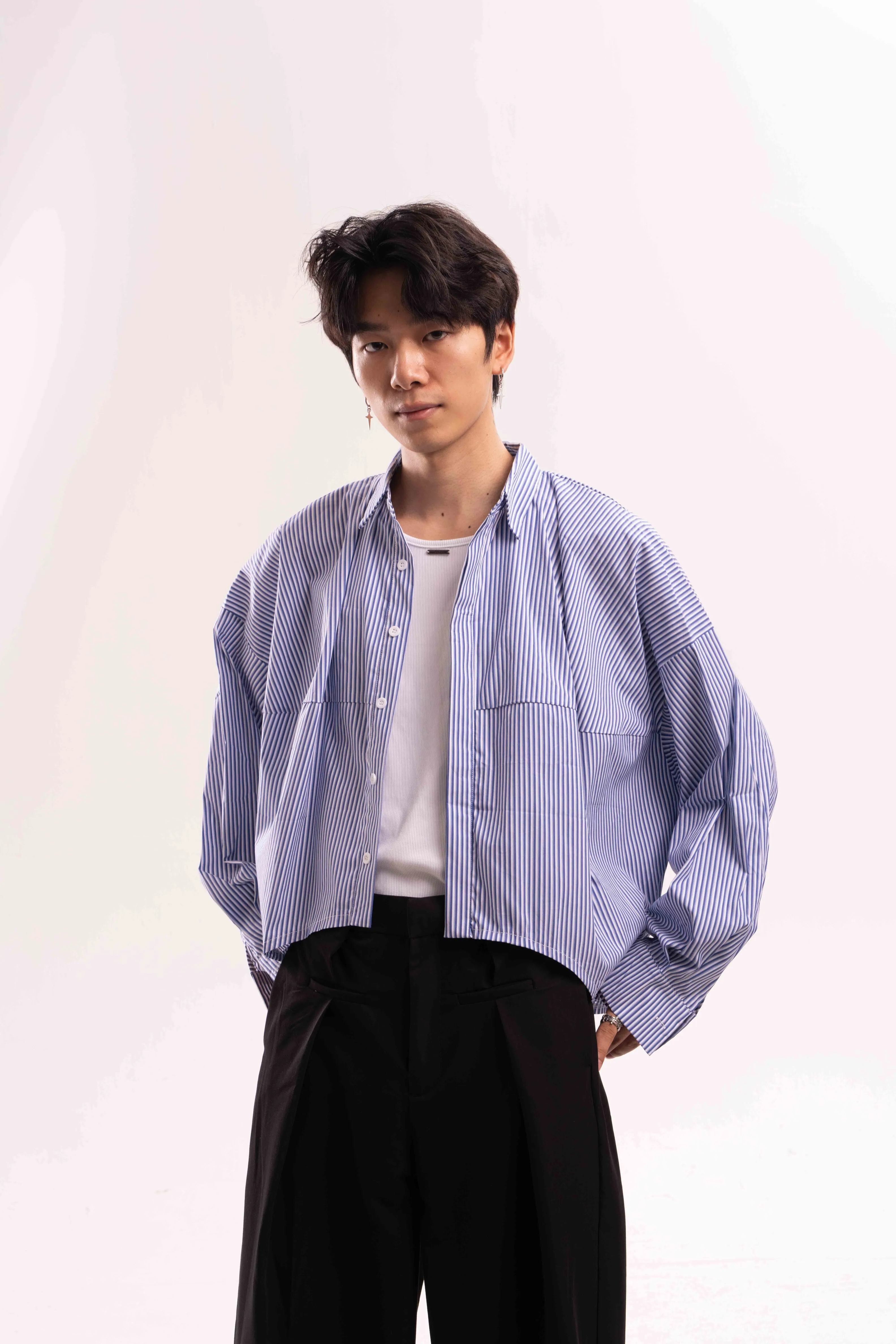 Striped Oversized Cropped Button-Up Shirt sold by Night City Clothing product image thumbnail 4