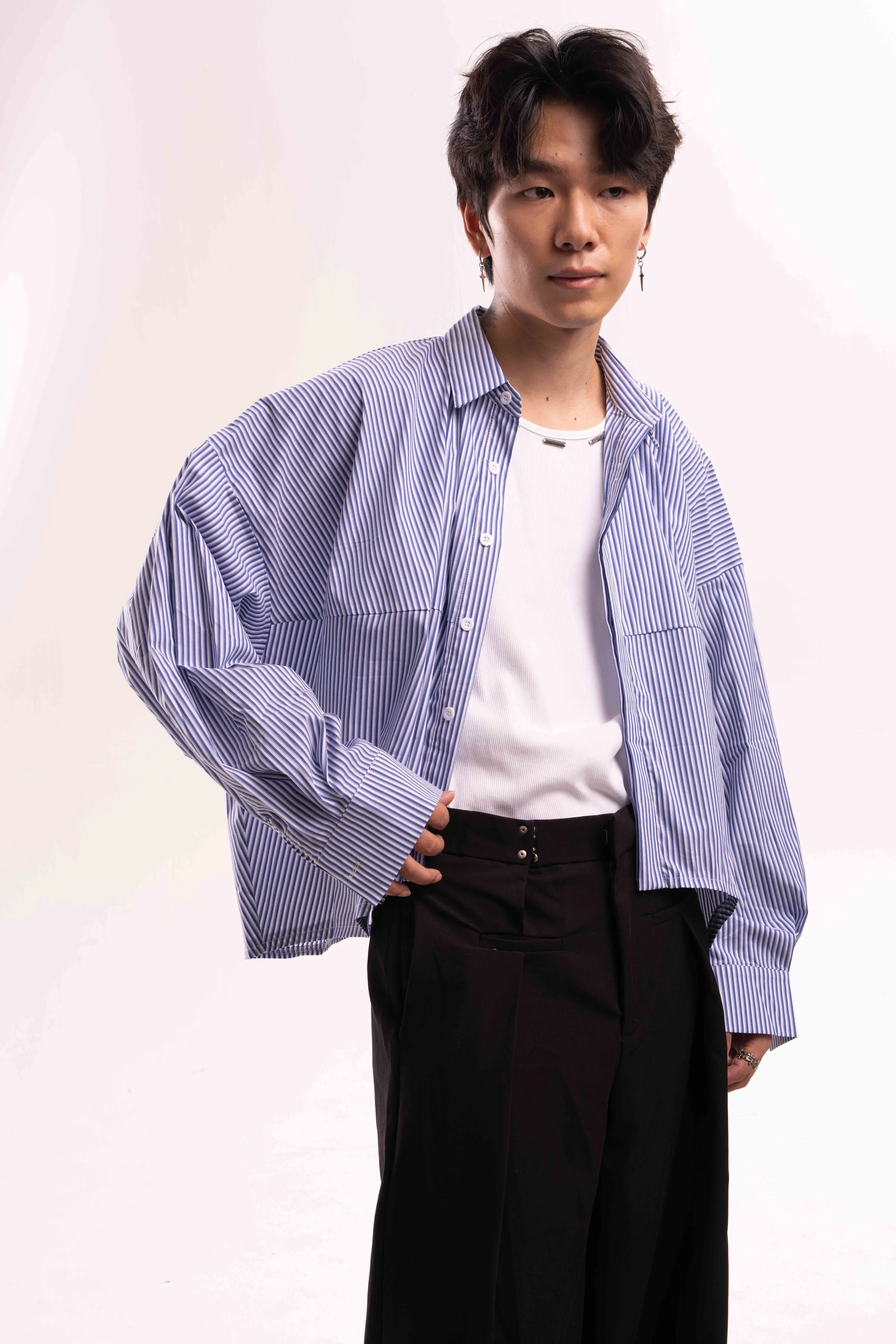 Striped Oversized Cropped Button-Up Shirt sold by Night City Clothing product image thumbnail 3