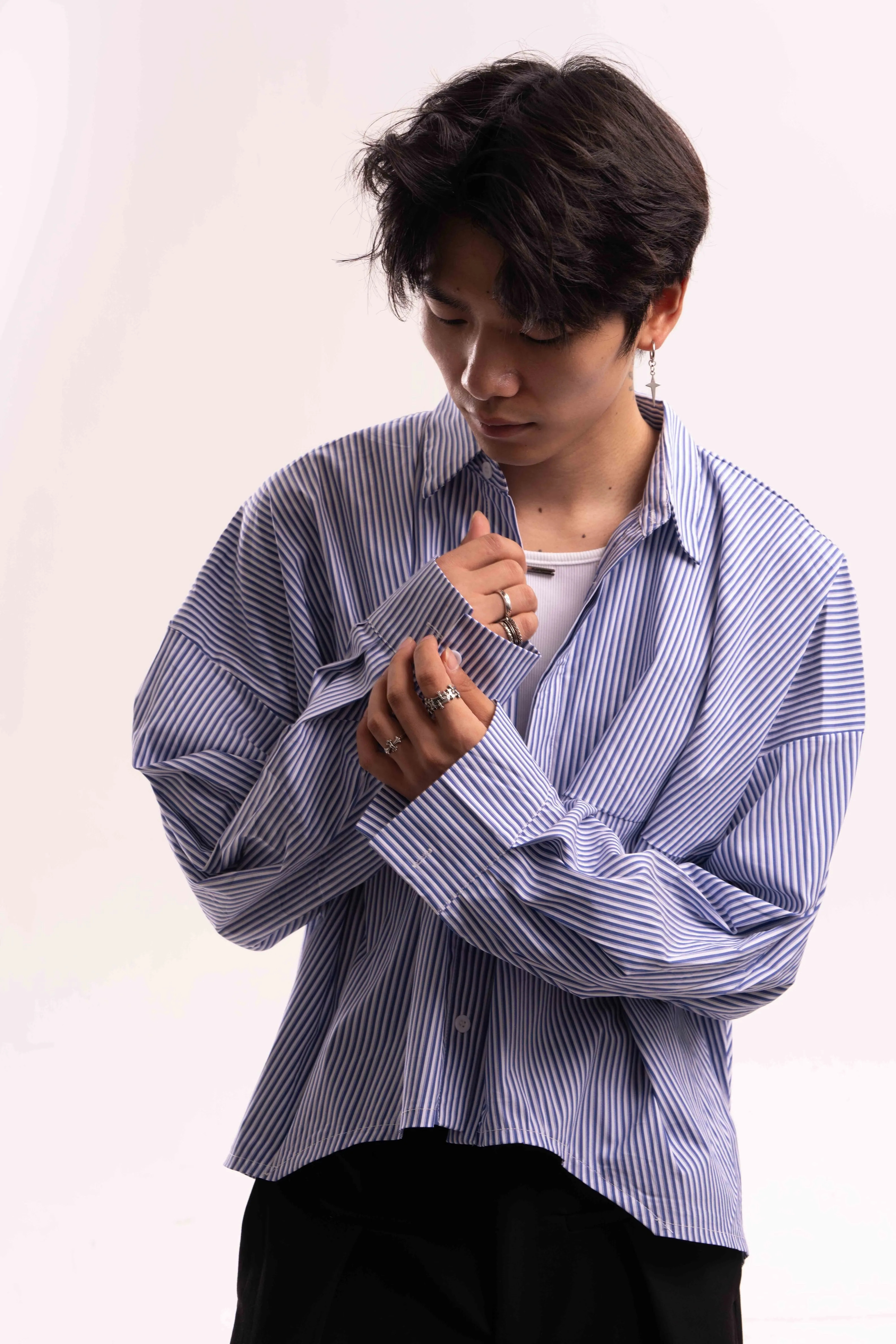 Striped Oversized Cropped Button-Up Shirt sold by Night City Clothing product image thumbnail 5