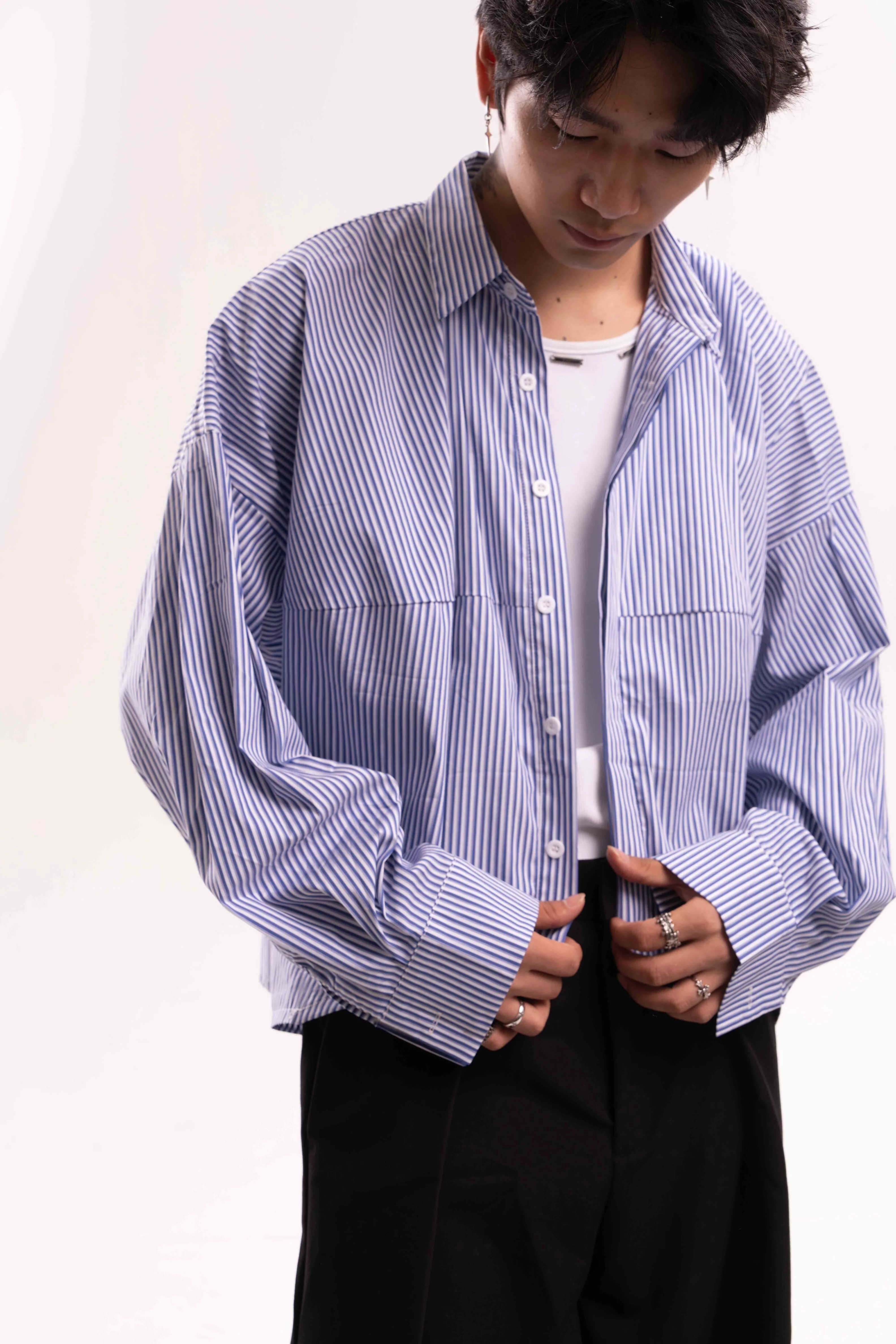 Striped Oversized Cropped Button-Up Shirt sold by Night City Clothing product image thumbnail 2
