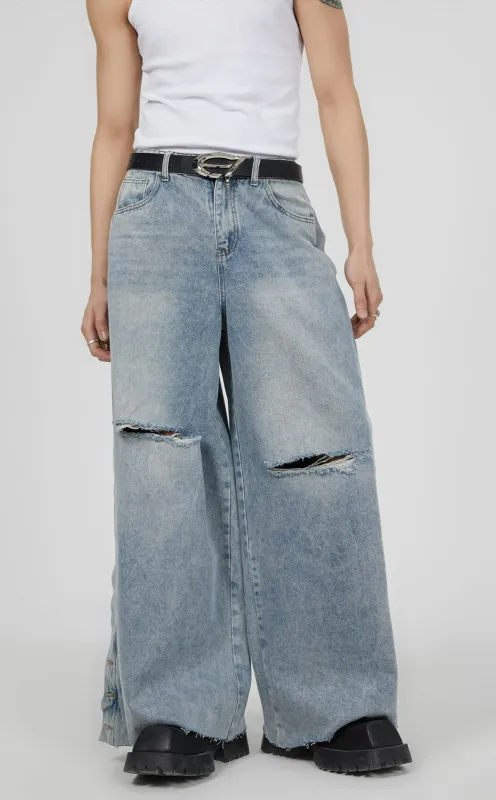 Vintage Washed Knee Ripped Wide-Leg Denim Jeans sold by Night City Clothing