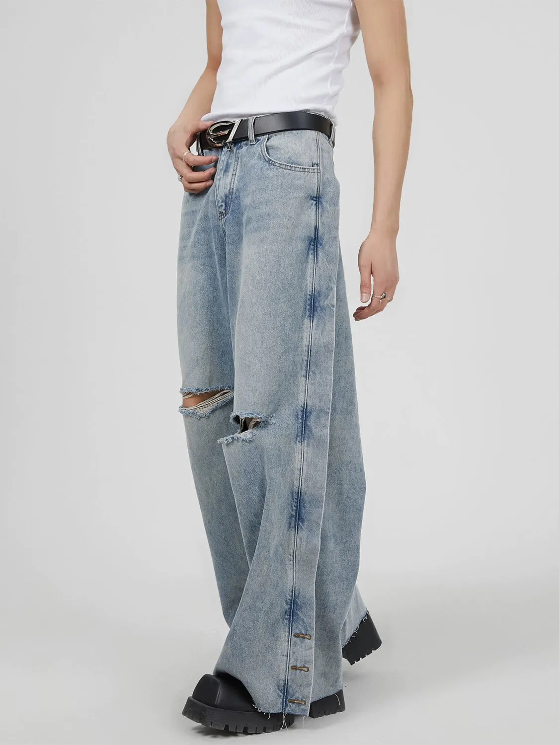 Vintage Washed Knee Ripped Wide-Leg Denim Jeans sold by Night City Clothing product image thumbnail 2