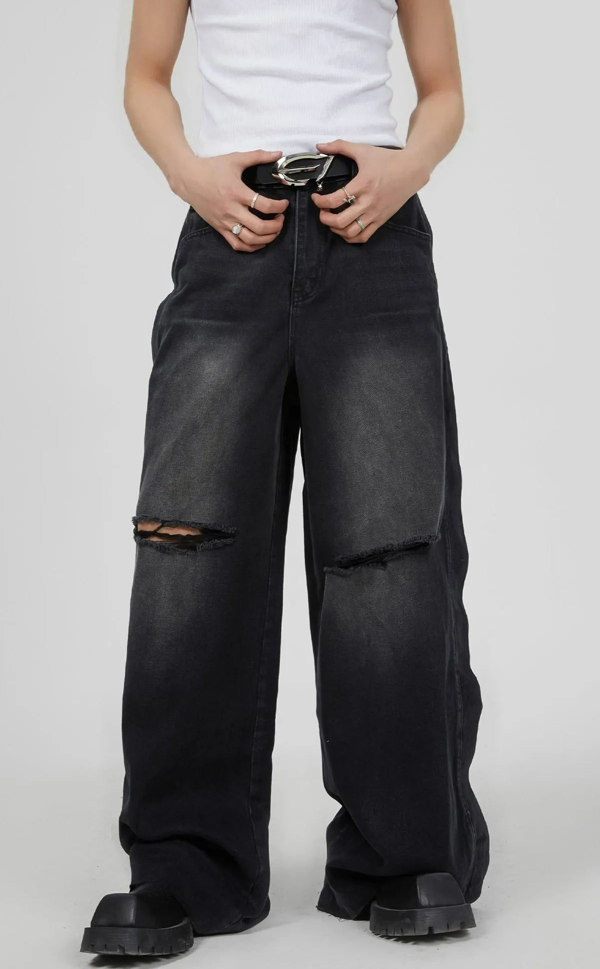 Vintage Washed Knee Ripped Wide-Leg Denim Jeans sold by Night City Clothing product image thumbnail 5