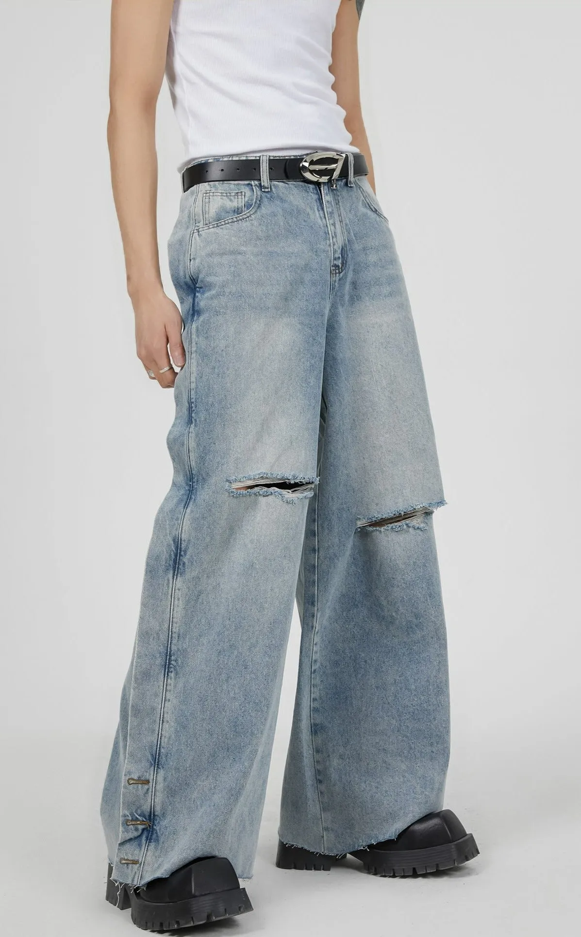 Vintage Washed Knee Ripped Wide-Leg Denim Jeans sold by Night City Clothing product image thumbnail 3