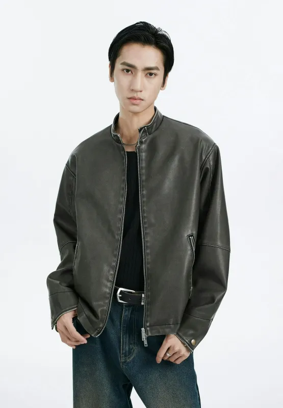 Faux Leather Mid-Crop Racer Jacket with Zipped Pockets sold by Night City Clothing