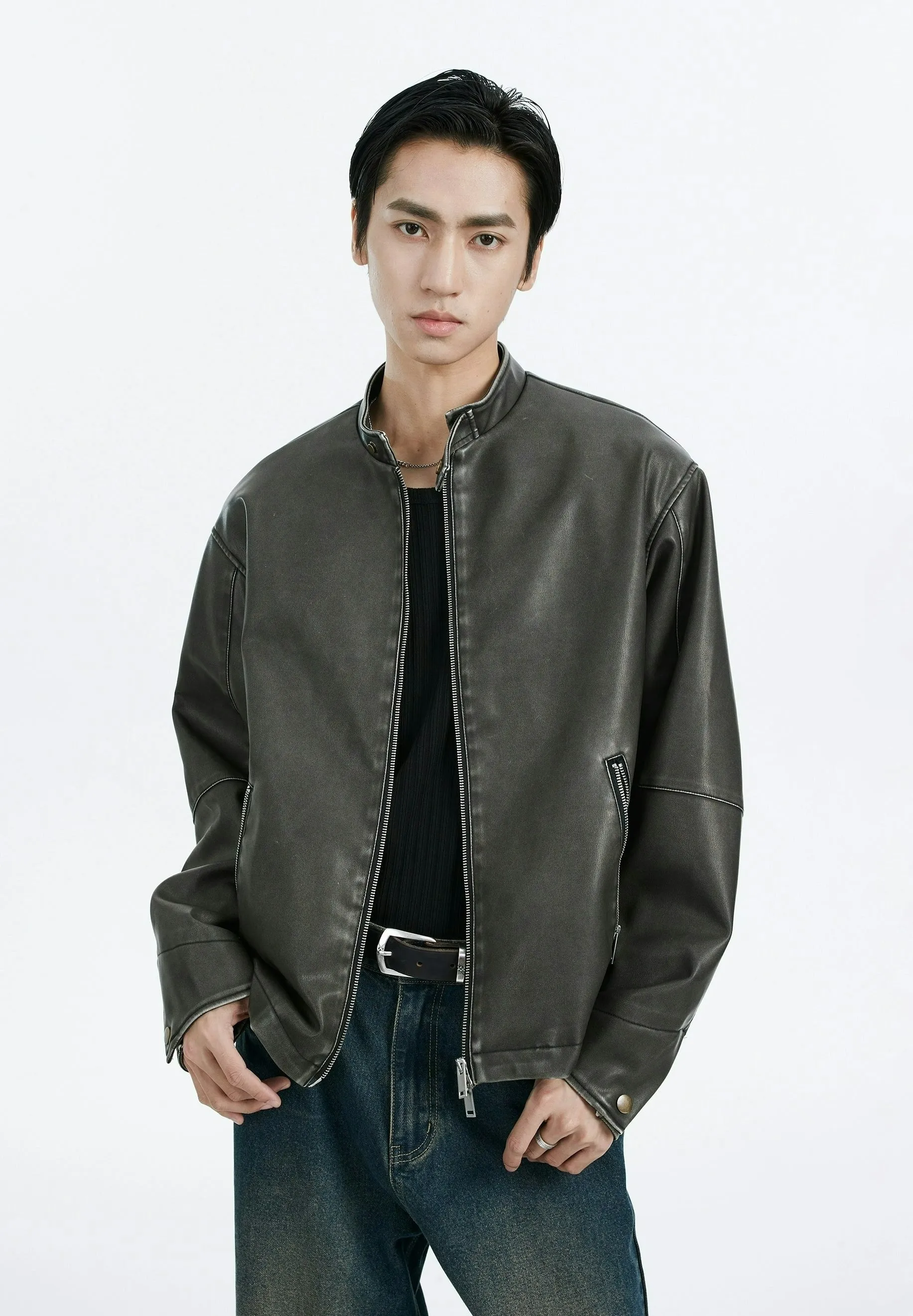 Faux Leather Mid-Crop Racer Jacket with Zipped Pockets sold by Night City Clothing