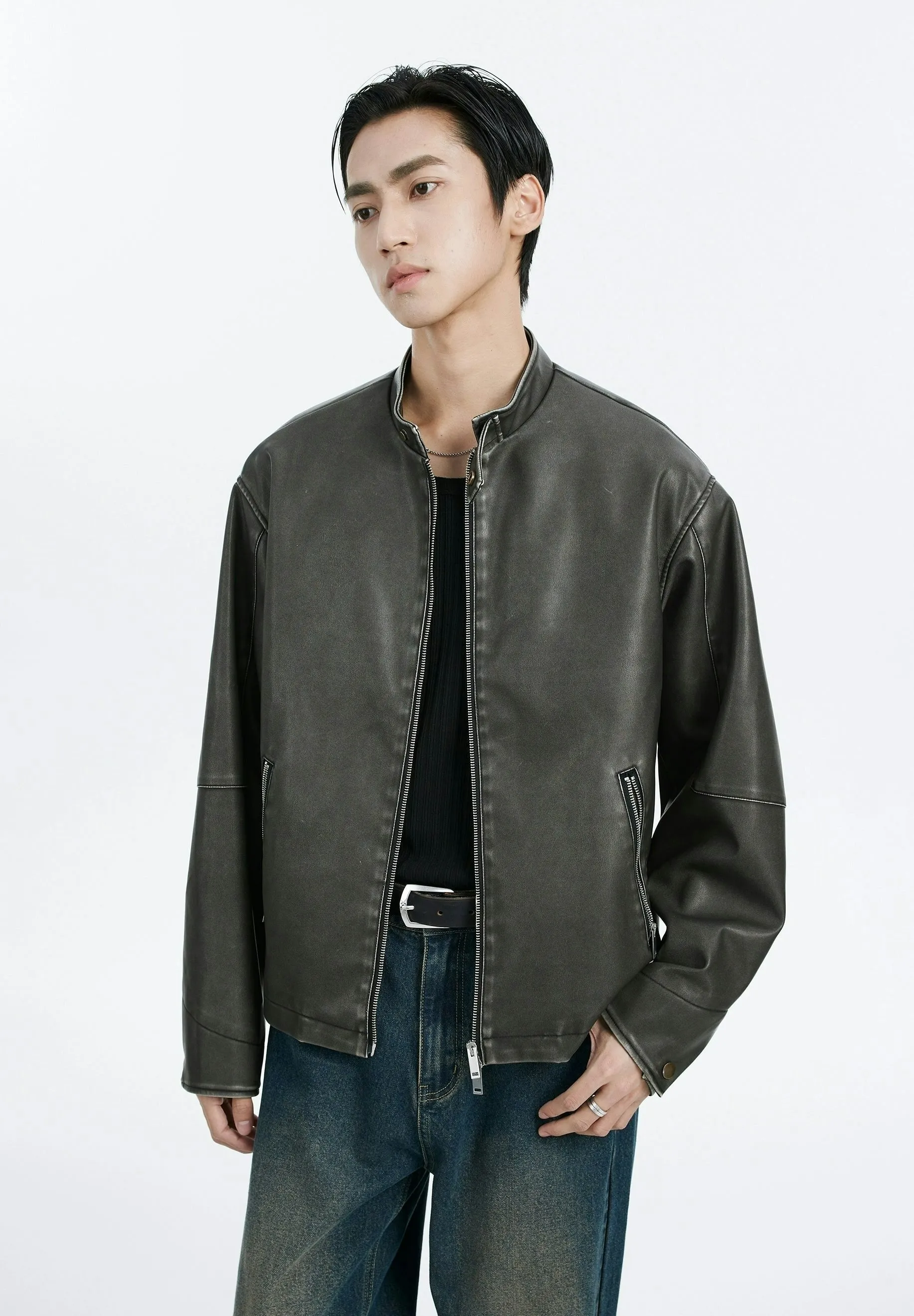 Faux Leather Mid-Crop Racer Jacket with Zipped Pockets sold by Night City Clothing product image thumbnail 3