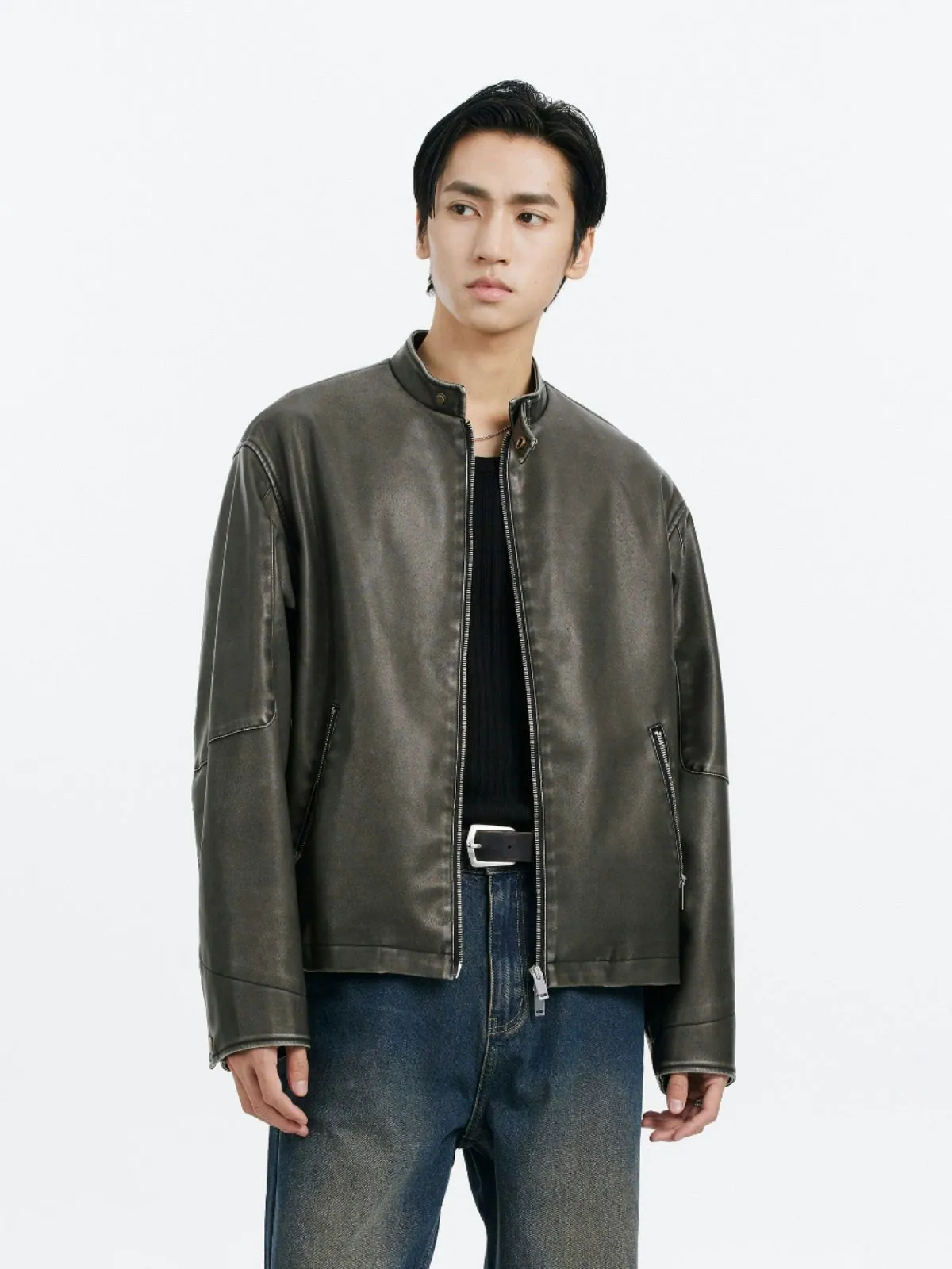 Faux Leather Mid-Crop Racer Jacket with Zipped Pockets sold by Night City Clothing product image thumbnail 2