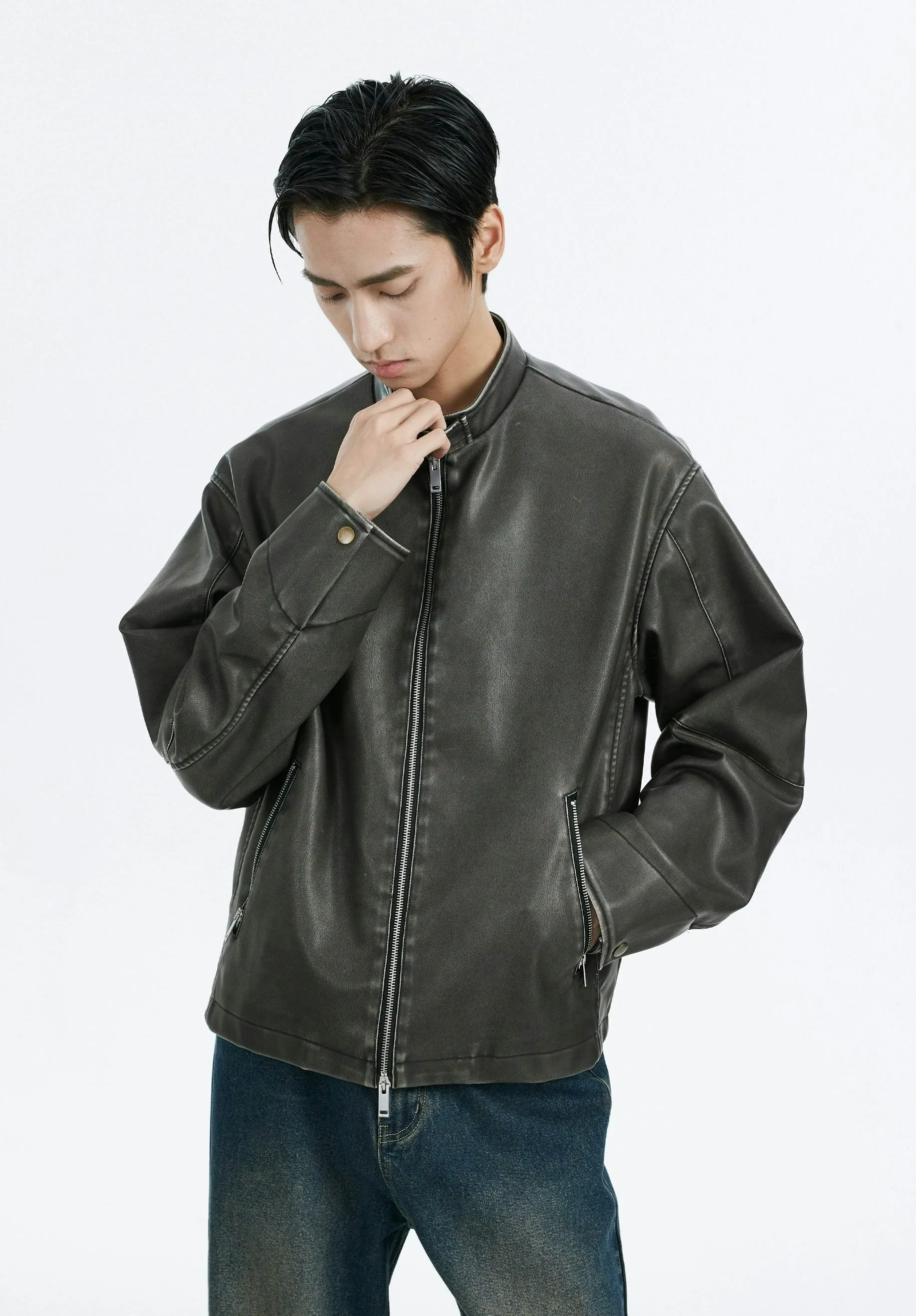 Faux Leather Mid-Crop Racer Jacket with Zipped Pockets sold by Night City Clothing product image thumbnail 5