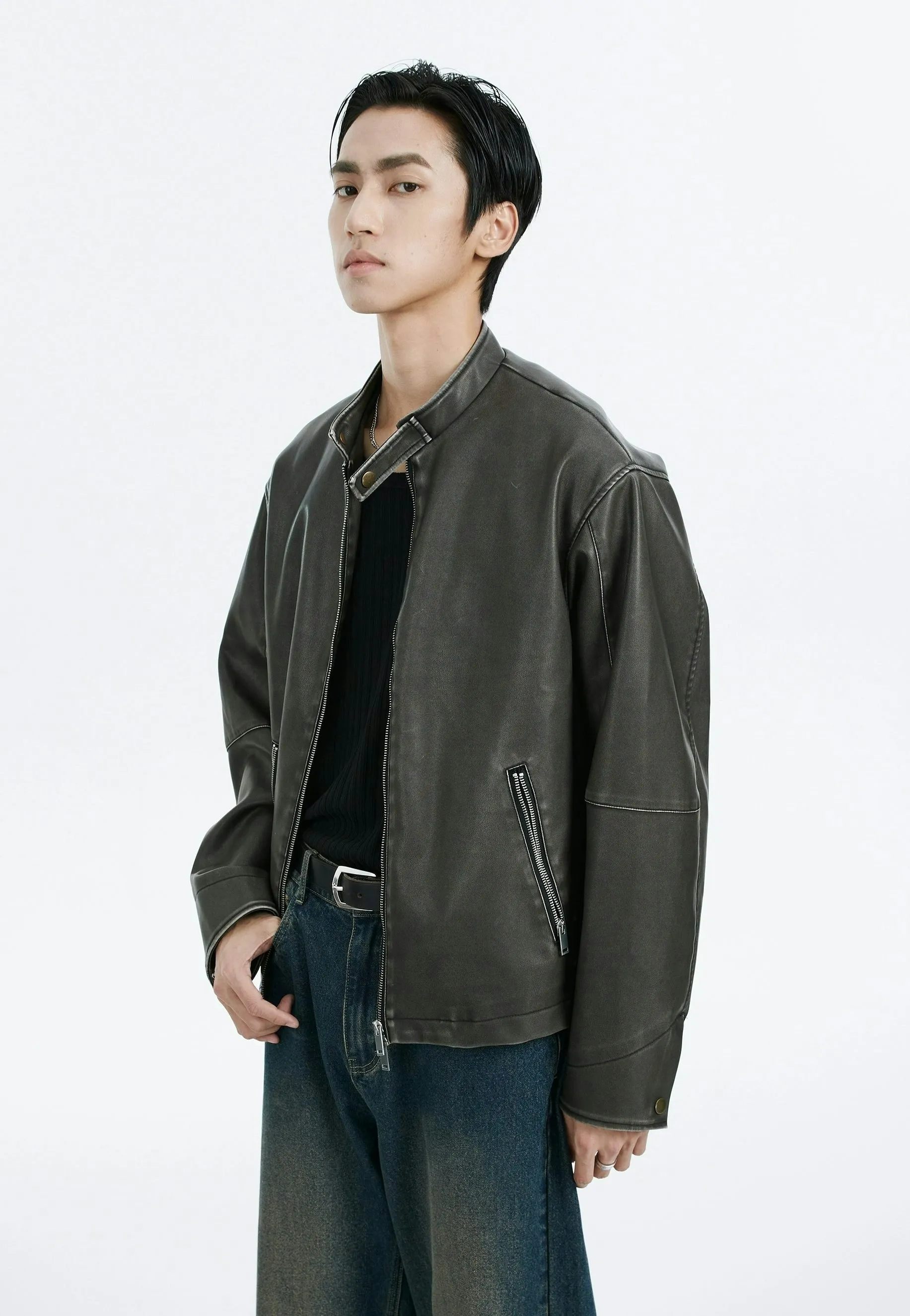 Faux Leather Mid-Crop Racer Jacket with Zipped Pockets sold by Night City Clothing product image thumbnail 4