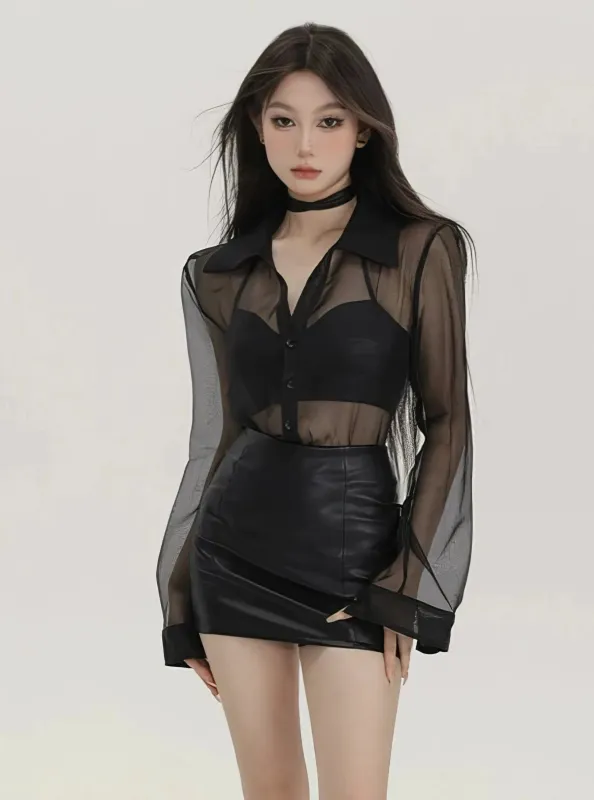 Sheer Panel Button-Up Collared Shirt sold by Night City Clothing