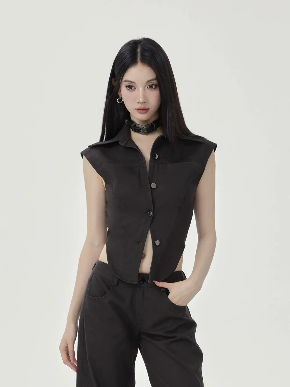 Sleeveless Collared Button-Up Waistcoat Top sold by Night City Clothing product image thumbnail 4