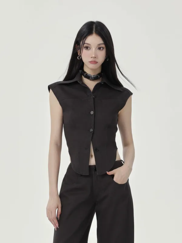 Sleeveless Collared Button-Up Waistcoat Top sold by Night City Clothing