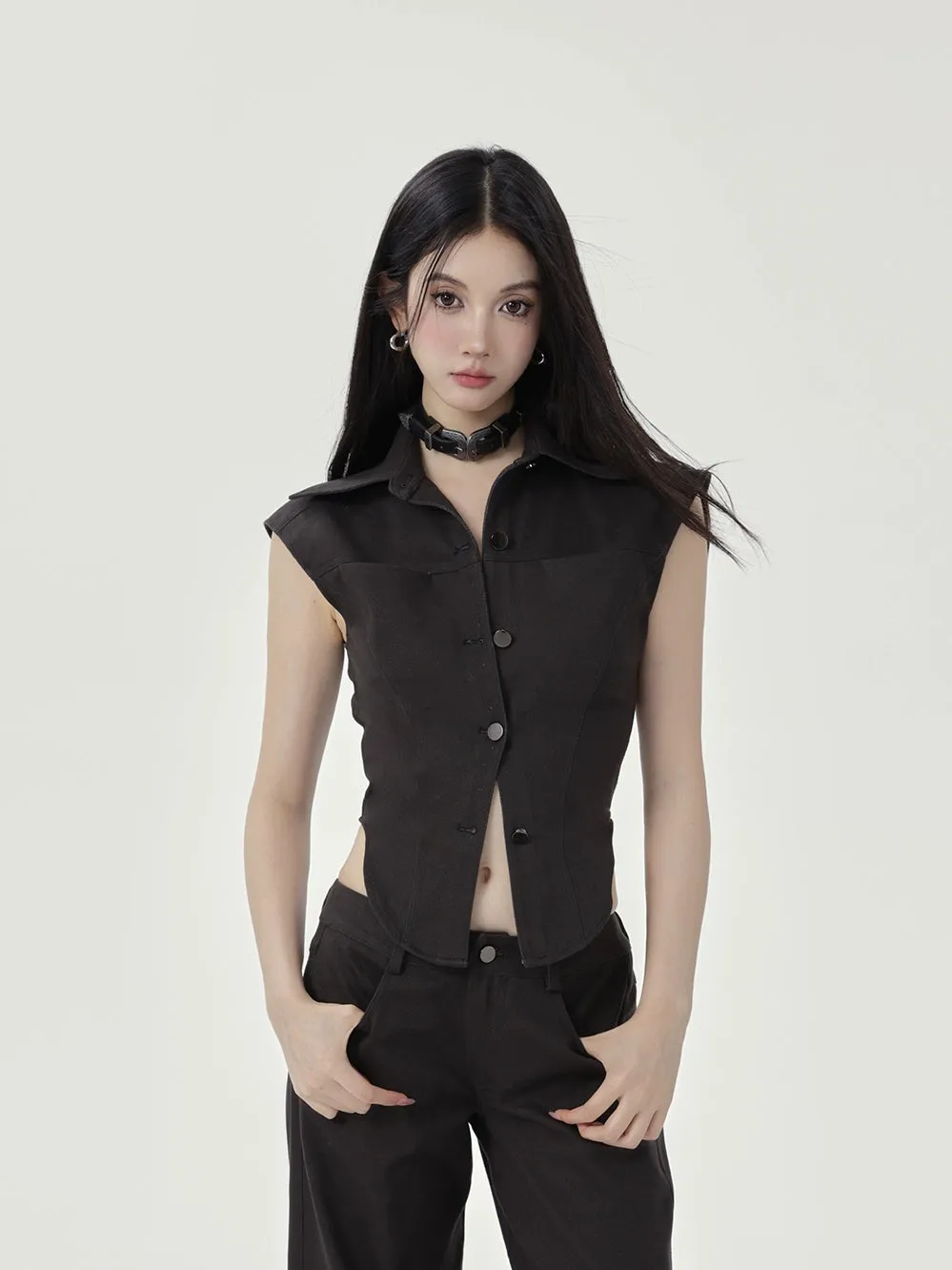 Sleeveless Collared Button-Up Waistcoat Top sold by Night City Clothing product image thumbnail 2