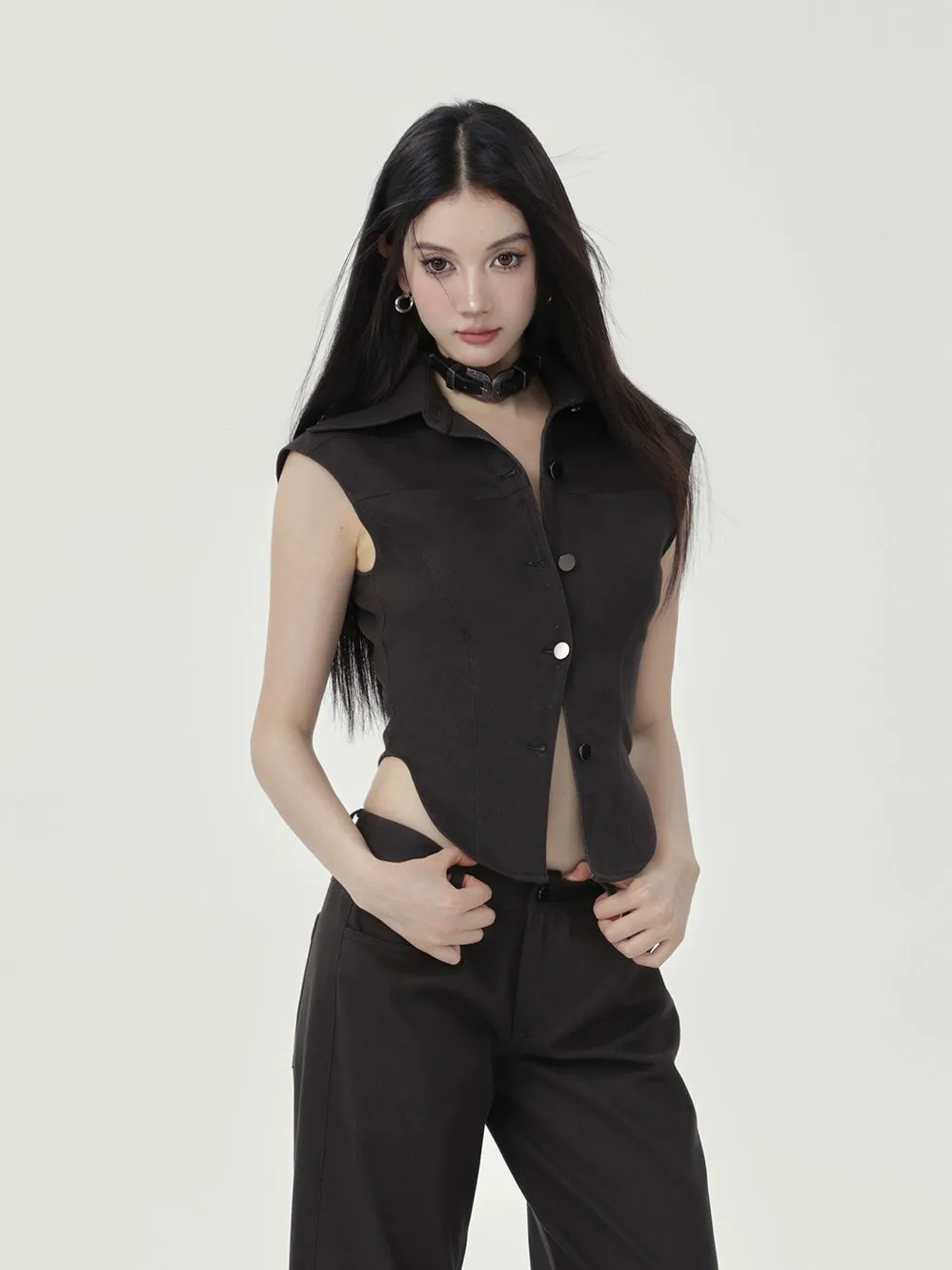 Sleeveless Collared Button-Up Waistcoat Top sold by Night City Clothing product image thumbnail 5